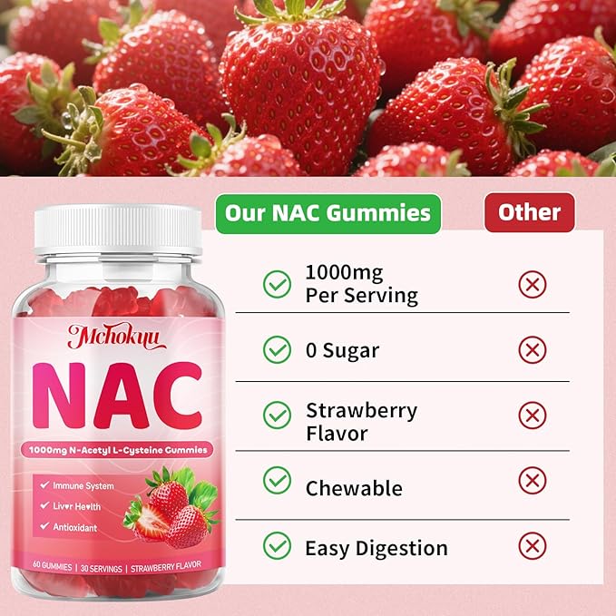 NAC Gummies for Adults & Kids 1000mg Per Serving, NAC Supplement N-Acetyl Cysteine for Immune, Glutathione & Antioxidant Support, Sugar-Free Vegan Strawberry Flavor, 60 Count