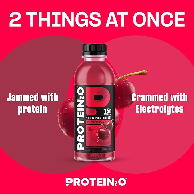 Protein2o Hydration Drink - 2-in-1 Liquid Clear Whey Protein Isolate and Electrolyte Drink - 15g Protein,Vitamins B5,B6 - Post-Workout Recovery - 16.9 Fl Oz - Wild Cherry,(Pack of 24)