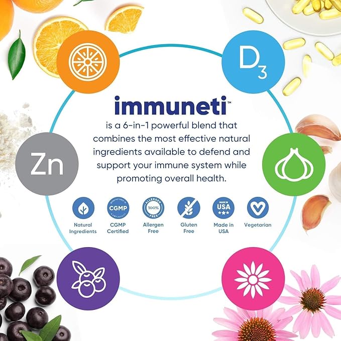 Immuneti Advanced Immune Support – Doctor Formulated 6-in-1 Daily Immunity Supplement – Made in USA – with Vitamin C, D3, Zinc, Elderberry, Garlic & Echinacea - Vital Nutrients & Antioxidants (3)