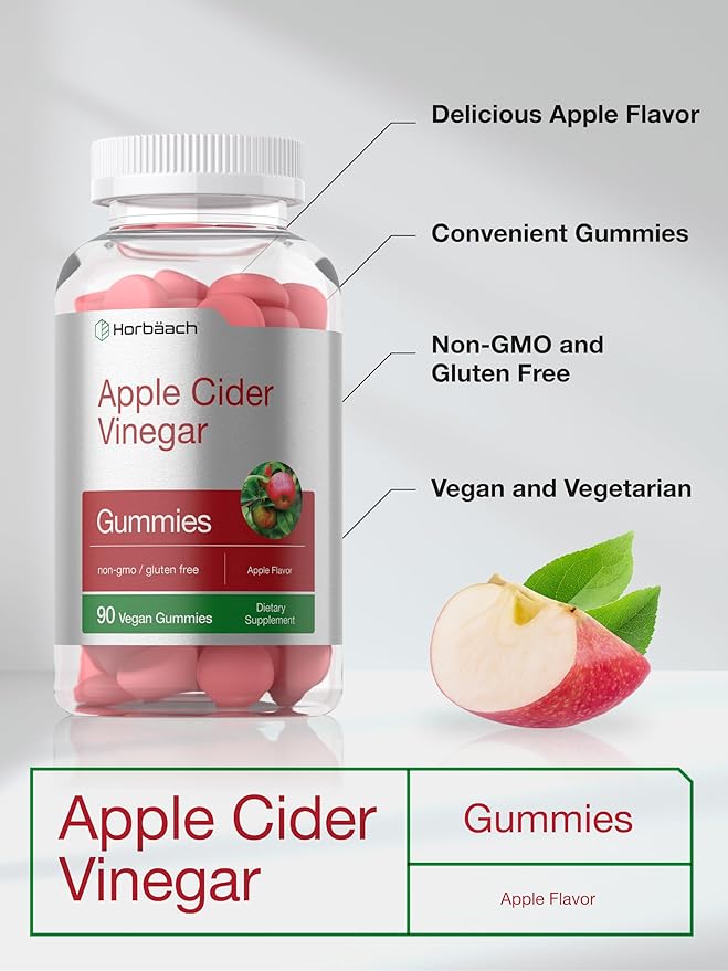 Horbäach Vegan Apple Cider Vinegar Gummies | 90 Count | ACV Supplement | Apple Flavor | Non-GMO, Gluten Free Gummies for Adults