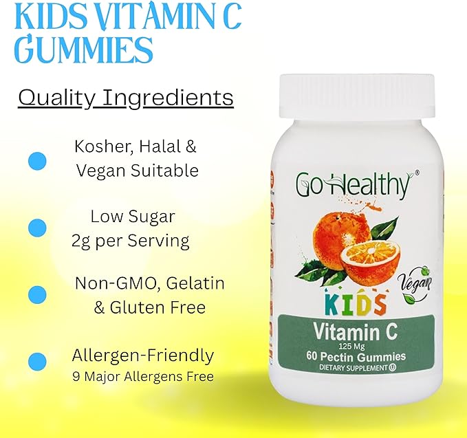 Go Healthy Vitamin C Gummies for Kids, Immune Support, Children Vitamin Gummies, Toddler, Kids Vitamins, Kosher, Halal, Tasty Gummy - 60 Servings