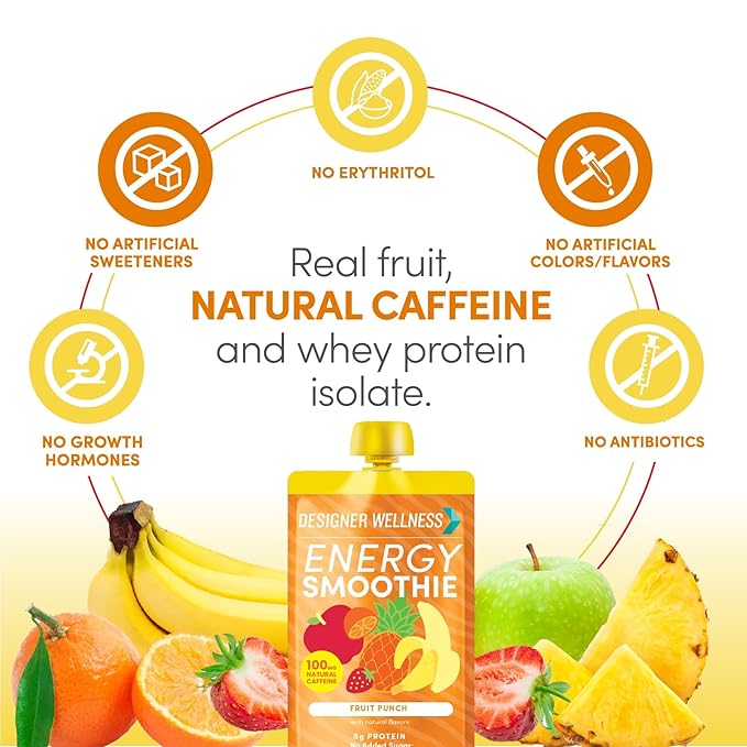 Designer Wellness Energy Smoothie, Real Fruit, 100mg Natural Caffeine, 5g Protein, Low Carb, Zero Added Sugar, Gluten-Free, Fruit Punch, 12 Count