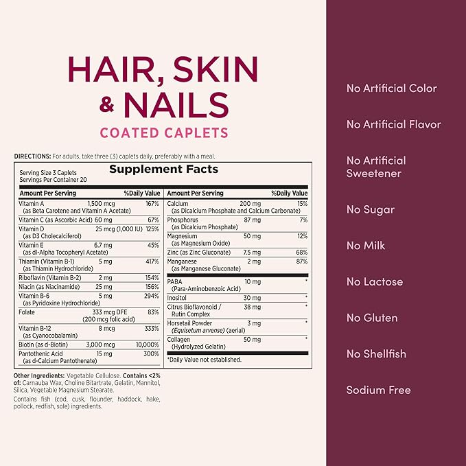 Nature's Bounty Optimal Solutions Hair, Skin & Nails Formula, with 3,000 mcg Biotin, 60 Coated Caplets, 20 Total Servings
