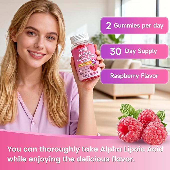 2 Pack Alpha Lipoic Acid Gummies 600mg, High Absorption Chewable ALA Supplement for Antioxidant Support, Raspberry Flavor, Vegan, Sugar Free, 120 Count