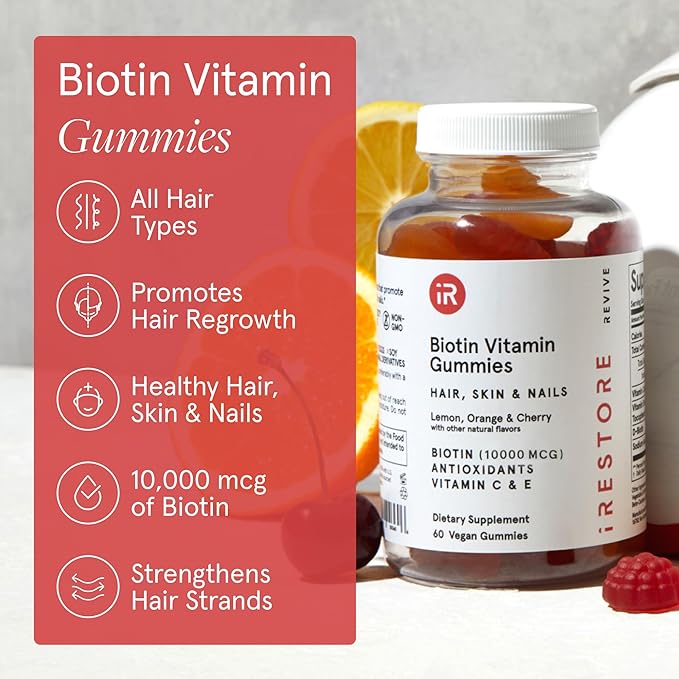iRestore Biotin Gummies 10,000 mcg - 3 Natural Fruit Flavors, Hair Vitamins Multi Supplement for Hair Skin and Nails for Women & Men, 60 Vegan Gummies, 30 Day Supply