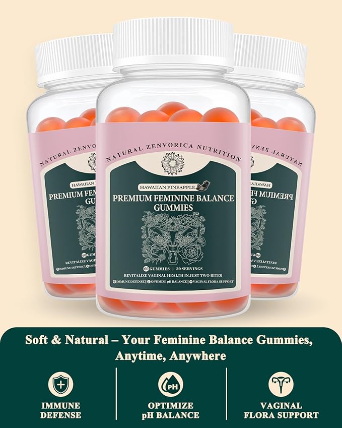 Premium Feminine Balance Gummies for Women - Hawaiian Pineapple pH Balance Probiotic Gummies for Odor and Flora Wellness, Immune Support, Vegan, 60 Count