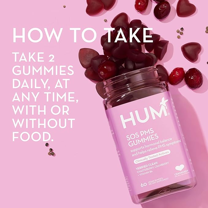 HUM Nutrition SOS PMS Gummies, Helps Relieve PMS Symptoms, Bloating Relief, Mood Swings, Hormonal Balance with Chasteberry Vitex PMS Gummies (100-Count)