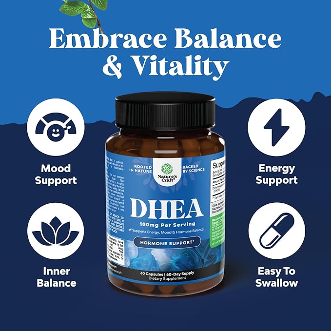 DHEA Supplement for Women & Men - DHEA 100mg per Serving for Hormone Balance, Mood Stability, Brain Function, Immune System & Energy - Dehydroepiandrosterone Capsules for Adults - 60 Count