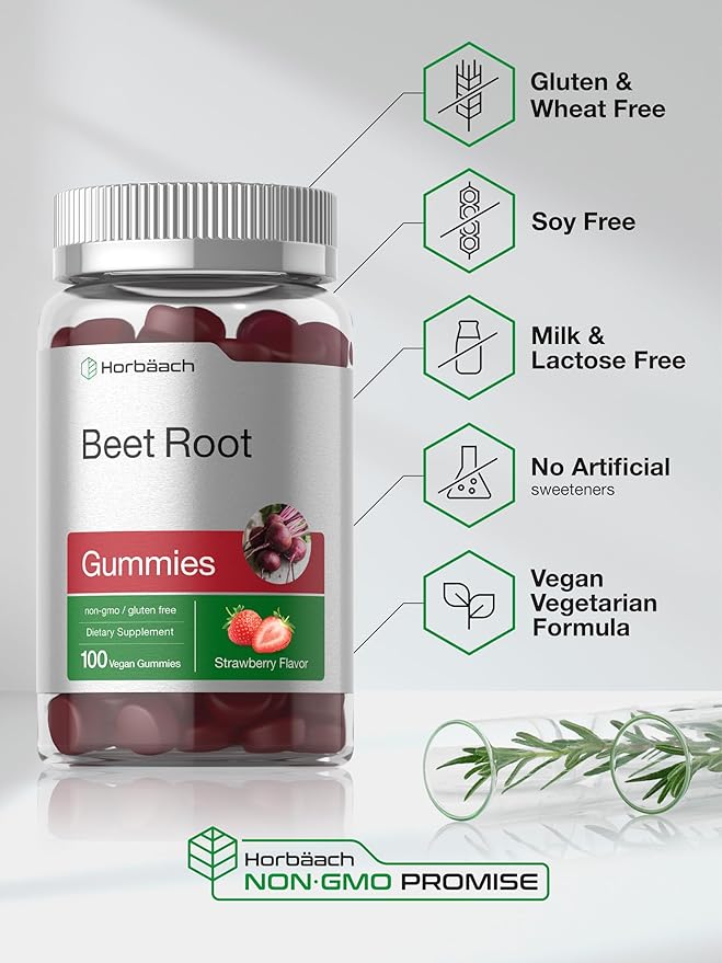 Horbäach Beet Root Gummies | Advanced Formula | 100 Count | Vegan, Non-GMO & Gluten Free | Strawberry Flavor