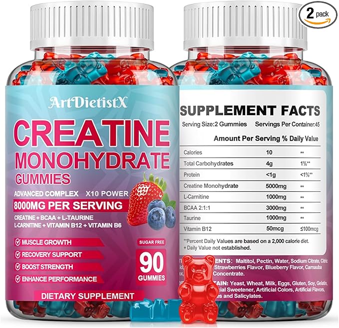 Creatine Monohydrate 8000mg Gummies with BCAA, L-Carnitine, Taurine & Vitamin B12 - Pre Workout Supplement for Muscle Growth, Strength & Energy, Multi-Flavor Chewable Gummies, 180 Count for Men Women