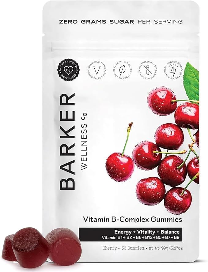 Barker Wellness Vegan B-Complex Gummies – Comprehensive Energy & Metabolism Boost with B1, B5, B6, B7 Biotin, B9 Folate, B12 | Sugar-Free Cherry Flavor for Daily Focus & Vitality