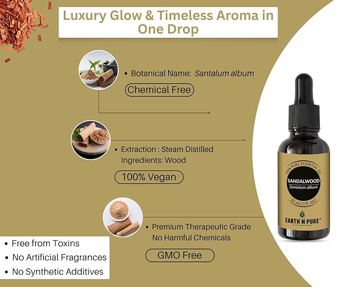 Earth N Pure Sandalwood (Chandan Oil) Essential Oil for Skin- Natural and Therapeutic Grade with Glass Dropper - 30 ml