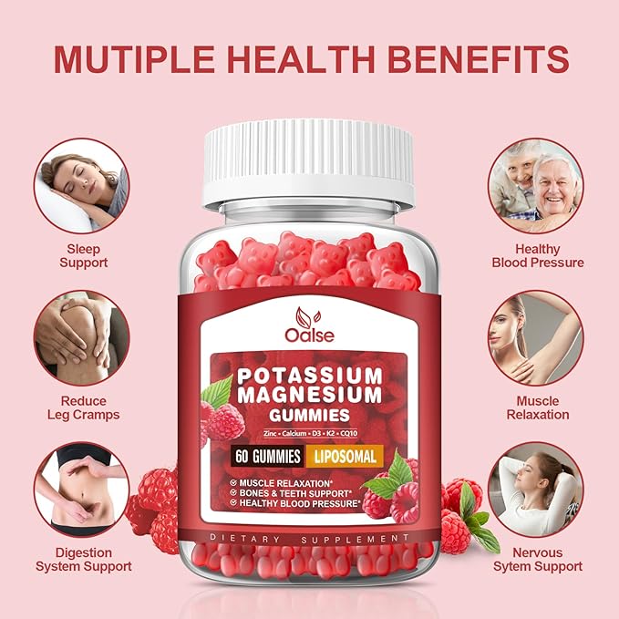Liposomal Potassium Magnesium Gummies for Adults Kids, High Absorption Potassium Citrate 200mg Magnesium Glycinate 400mg, Vitamin B6 Chewable Supplements for Leg Cramps & Muscle, Raspberry, 60 Count