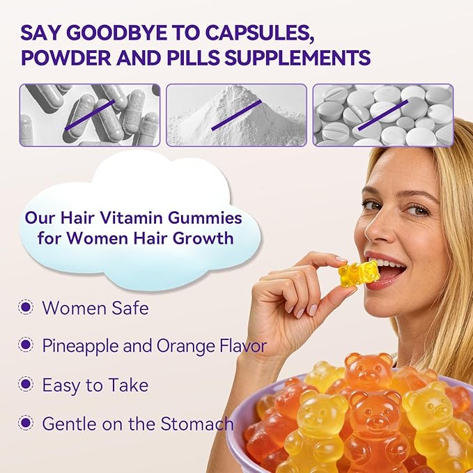 Hair Growth Multivitamins Gummies Sugar Free Biotin Gummies 10000mcg with Collagen, Keratin, Silicon, MSM & Omega-3 Vegan Hair Growth Supplement for Women - 120 Gummies - 60 Servings
