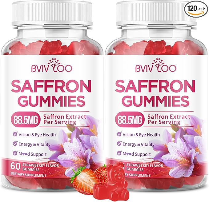 Saffron Gummies for Adult Kids, 10-IN-1 Formula with Saffron 88.5mg, Vitamins D3 & B6, Magnesium, Zinc, Ashwagandha, L-Theanine, St. John's Wort - Supports Mood & Focus, Strawberry Flavor, 60 Count