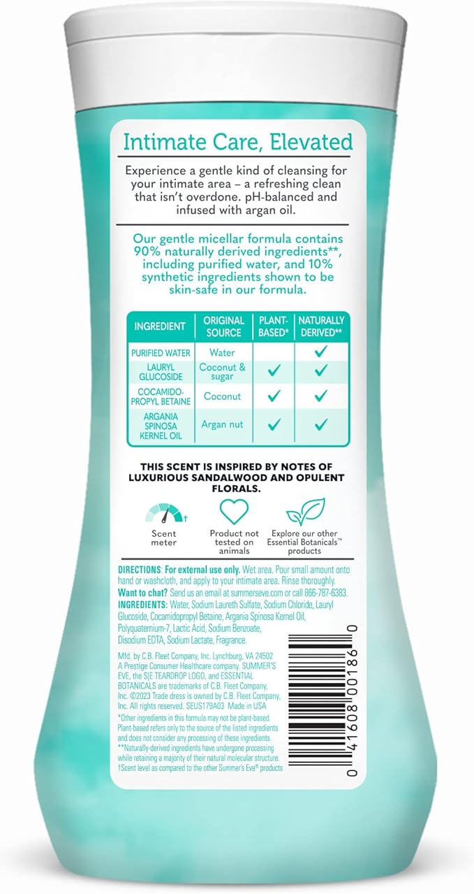 Summer's Eve Essential Botanicals All-Over Daily Feminine Wash with Argan Oil, Gentle pH-Balanced Body Wash for Women, Removes Vaginal Odor and Refreshes, 12 Fl Oz
