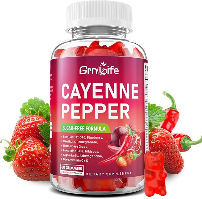 Cayenne Pepper Beet Root Gummies, with Beetroot Garlic CoQ10 Hawthorn Berry Grape Seed Extract Olive Leaf Nattokinase Hibiscus Vitamin D Nitric Oxide and Others, Support Overall Wellness, 60 Count