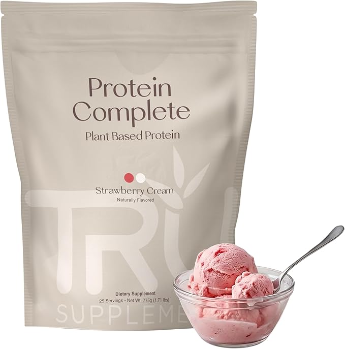 TRU Supplements Plant Based Protein Powder, BCAA, EAA, 20g Vegan Brown Rice & Pea Protein, 100 Calories, 27 Vitamins, No Artificial Flavors 25 Servings (Strawberry Cream)