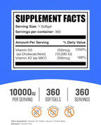 BulkSupplements.com Vitamin D3 + K2 10000 IU Softgels - K2 D3 Vitamin Supplement, for Immune Health - Gluten Free, 1 Softgel per Serving, 360 Count (Pack of 1)