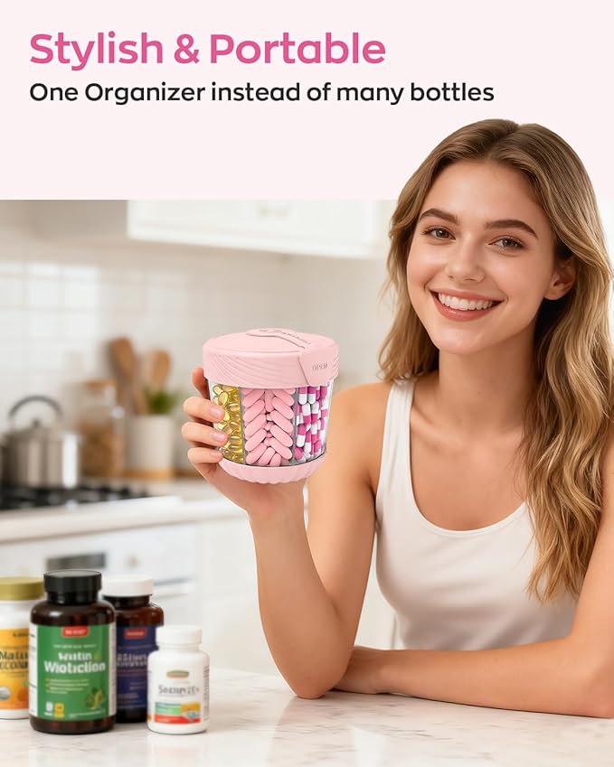 HIONXMGA Cute Pill Dispenser with 7 Large Compartments, Portable Pill Bottle Organizer with Wide Opening for Travel, Anti-Mixing Pill Container, Shatterproof BPA-Free, Includes 20 Pcs Labels, Pink