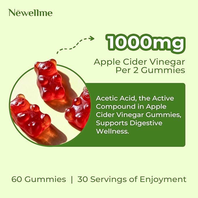 NEWELLME Sugar-Free Apple Cider Vinegar Gummies for Metabolism - 1000mg ACV with The Mother & Vitamin B12 for Energy Support - Vegan, Gluten-Free, 60 Counts