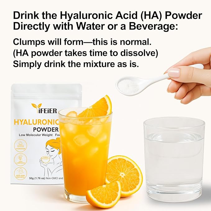 iFEiER Hyaluronic Acid Powder | Low Molecular Weight Food Grade Hyaluronic Acid | 50g(1.76oz) Sodium Hyaluronate Powder | HMW LMW HA | Skin Hydration and Joint Lubrication Supplements