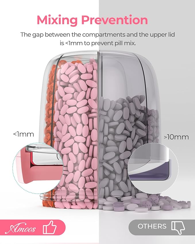 AMOOS Large Pill Dispenser with 6 Compartments, Anti-Mix Pill Bottle Organizer with Wide Opening & Easy Retrieval, Vitamin Organizer for Travel, BPA-Free Pill Box with a Strap, Pink