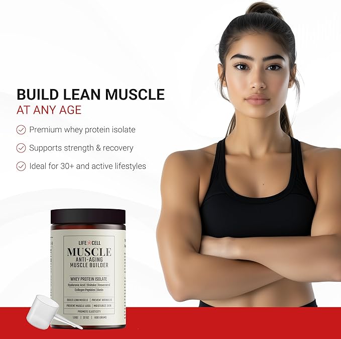 LifeCell Whey Protein – Anti-Aging Muscle Builder with Shiitake Mushroom, Collagen & Hyaluronic Acid – Chocolate, No Sugar Added, Soy-Free, Gluten-Free, 600g (18 Servings)
