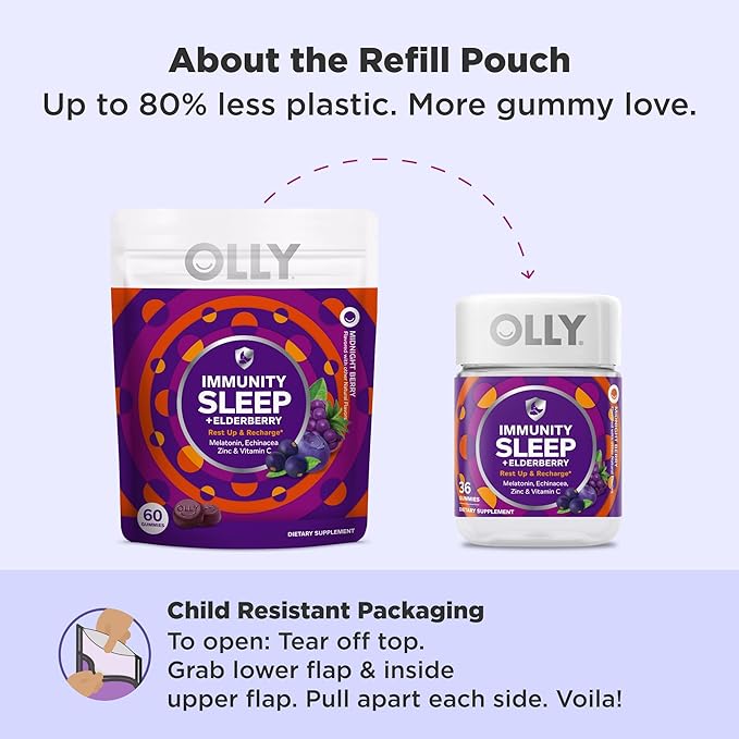 OLLY Immunity Sleep Gummy, Immune and Sleep Support, 3mg Melatonin, Echinacea, Zinc, Vitamin C, Chewable Supplement, Berry - 60 Count