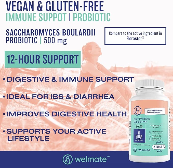 WELMATE - Daily Probiotic Supplement (200 Capsules) Saccharomyces Boulardii 500mg - 24/7 Digestive Support, Immune Support - 10 Billion CFU - Over-The-Counter Medication - Vegan, Gluten Free, Non GMO