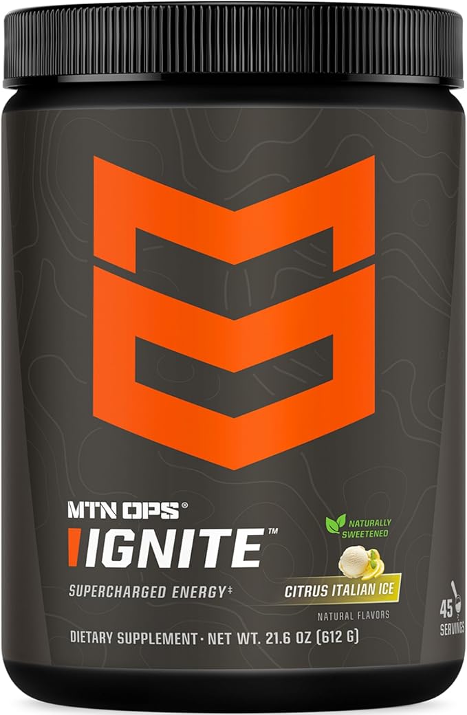 MTN OPS Ignite Sugar Free Energy Drink Powder Naturally Sweetened with Monk Fruit, 200mg Caffeine, Nootropic Blend for Energy & Focus, L Arginine & Citrulline, 45 Servings, Citrus Italian Ice