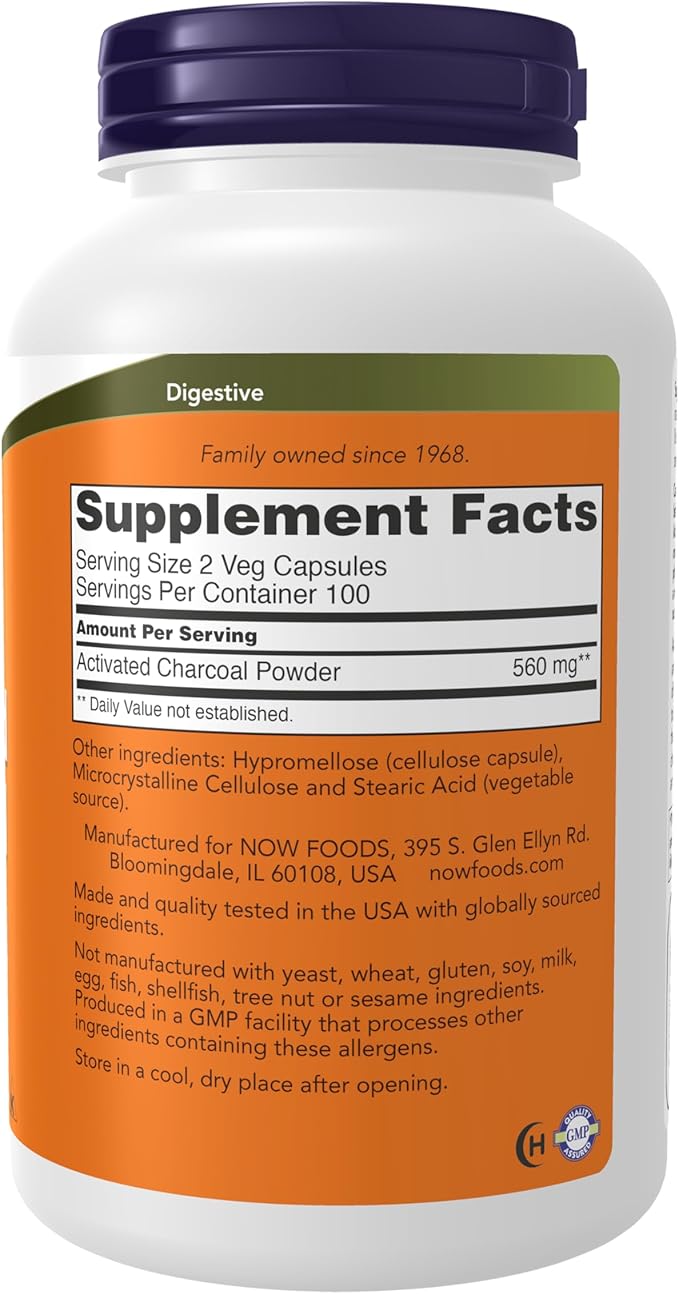 NOW Foods Supplements, Activated Charcoal Made from Coconut Shells, Non-GMO Project Verified, Detox Support*, 200 Veg Capsules