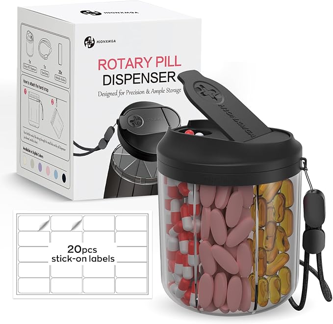 Hionxmga Pill Dispenser with 7 Large Compartments, 4.4" H x 3.6" Dia Pill Organizer for Travel, Supplement Organizer with Anti-Mixing Design, BPA-Free Pill Container with 20 Pcs Labels, Black