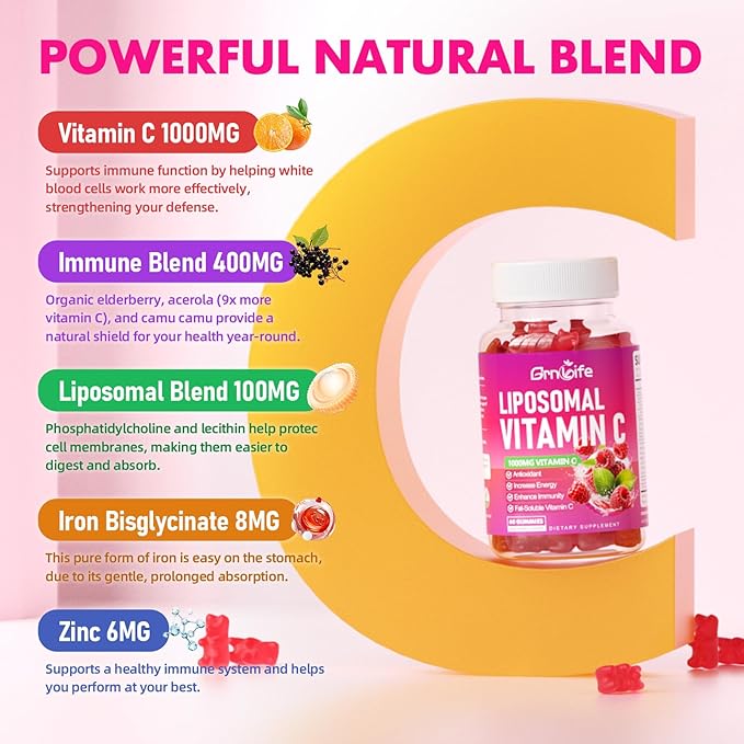 Liposomal Vitamin C 1000mg Gummies for Adults Kids, 1500mg Chewable Vitamin C w/Iron, Zinc & Elderberry - Immune Support & Energy, Collagen Booster, Raspberry, 60 Count