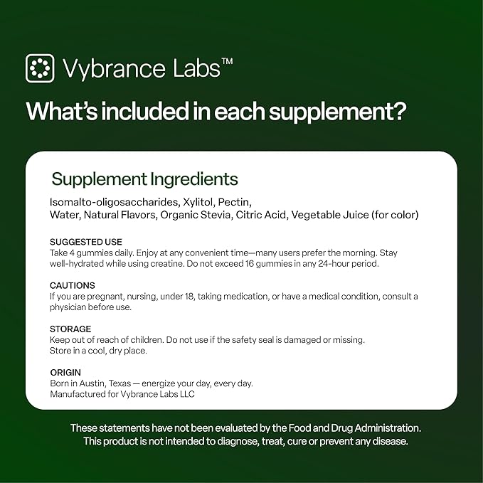 VYBRANCE LABS Creatine Gummies for Women & Men — First & Only 5g Creatine + Taurine + Vitamin B12 | Vegan Creatine Gummies | Sugar-Free | Sour Green Apple