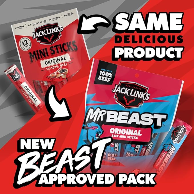 Jack Link’s x MrBeast Beef Sticks, Original Mini Beef Sticks, As Seen on Beast Games, 5g Protein, Made with 100% Real Beef, Pantry-Ready Snacks, 12 Count
