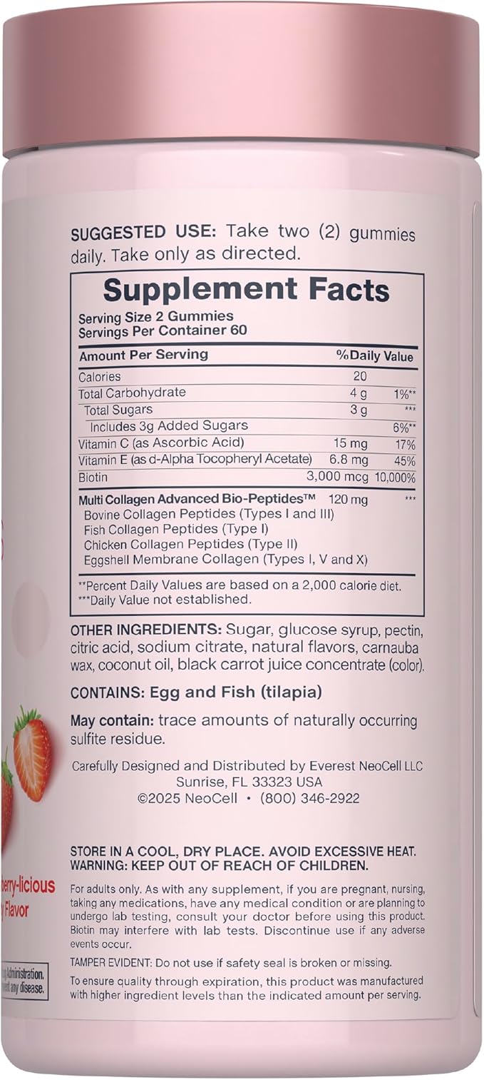 NeoCell Hair Skin and Nails Gummies | 120 Count | with Multi Collagen Advanced Bio-Peptides | Plus Biotin and Vitamin C | Advanced Formula | for Women and Men