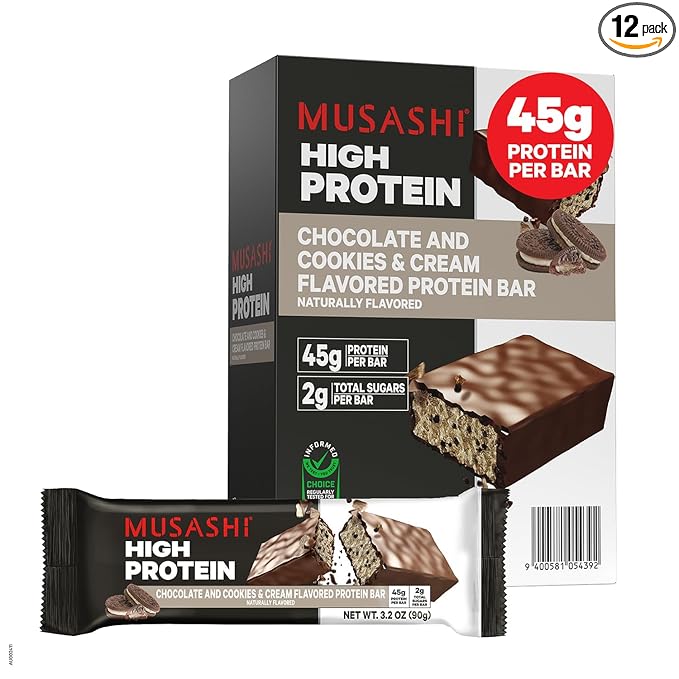 MUSASHI High Protein Bar, 45g Protein, 2g Total Sugars, Cookies & Cream, Post Workout and Protein Snack On The Go, 12 Pack of 3.2oz (90g) Bars