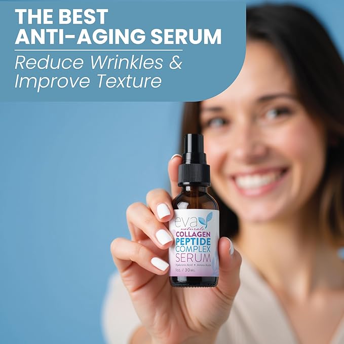 Eva Naturals Multi Peptide Face Serum – Anti Aging Collagen Peptides for Plump & Firm Skin Elasticity, Wrinkle & Fine Line Renewal, Fragrance Free Firming Facial Skincare - 1 oz