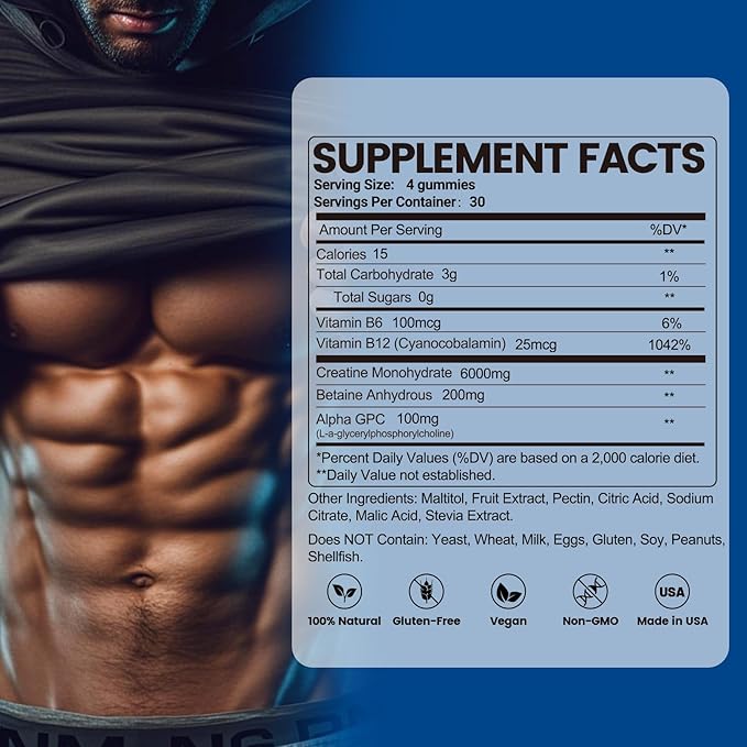 inGreens Creatine Monohydrate Gummies 6g per Serving, Sugar Free Creatine Supplements for Men & Women, Chewable Creatine for Muscle Growth, Strength, Energy & Recovery, Gluten Free, 120 Count