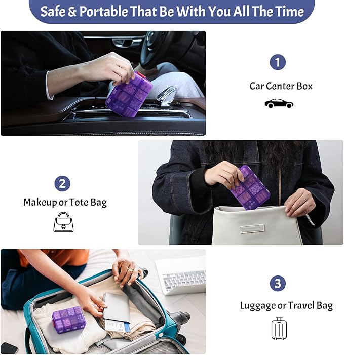 Foldable Weekly Pill Organizer 2 Times a Day with 2 Extra Compartments (Clear Printed Labels) - 7 Day AM PM Medicine Box, Week Daily Travel Pill Case Holder for Vitamin, Supplement - Clear Purple