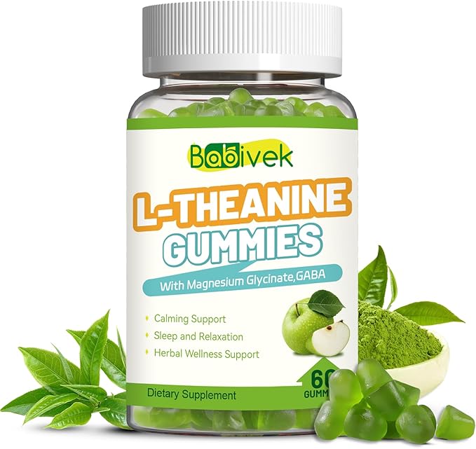 L Theanine Gummies,L-Theanine 400mg with GABA,Magnesium Glycinate Chewable Supplement for Kids & Adults,Stress Relief,Restful and Relaxation Support,Apple Flavor,Vegan Sugar Free 60 Counts