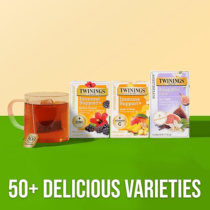 Twinings Superblends Immune Support+ Zinc Blackberry Flavoured Hibiscus & Elderberry Herbal, Naturally Caffeine-Free, 16 Count (Pack of 1), Enjoy Hot or Iced, 16 Teabags