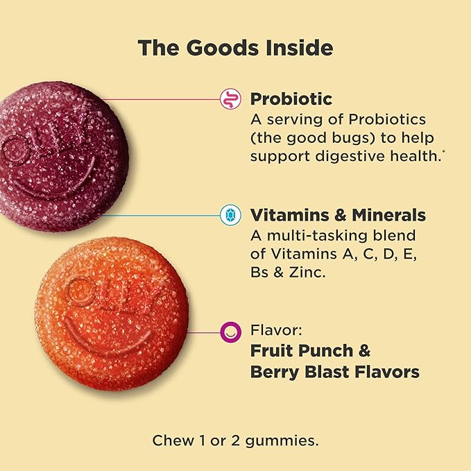 OLLY Kids Multivitamin & Probiotic Gummy,Digestive Support,Vitamins A,D,C,E,B,Zinc,Chewable Supplement,Berry Flavor,60 Day Supply -,120 Count (Pack of 2)