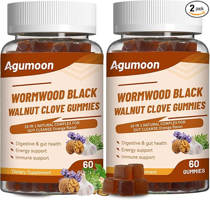 10-in-1 Wormwood Black Walnut Clove Gummies for Adults,Herbal Supplement for Gut Cleanse & Digestive Wellness with Garlic,Turmeric,Pumpkin Seed,Oregano,Moringa,120 Gummies