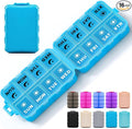 Foldable Weekly Pill Organizer 2 Times a Day with 2 Extra Compartments (Clear Printed Labels) - Portable 7 Day AM PM Medicine Box, Week Daily Travel Pill Case Holder for Vitamin, Supplement - Blue