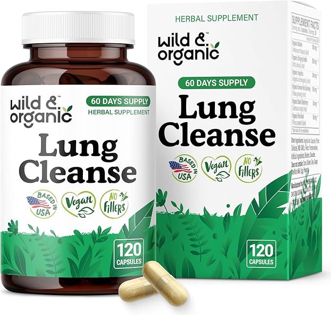 Wild & Organic Lung Cleanse Capsules - Lung Support Supplement with Mullein Leaf, Stinging Nettle, Angelica & Korean Panax Ginseng Powder - Vegan, No Fillers, Non-GMO - 120 Count