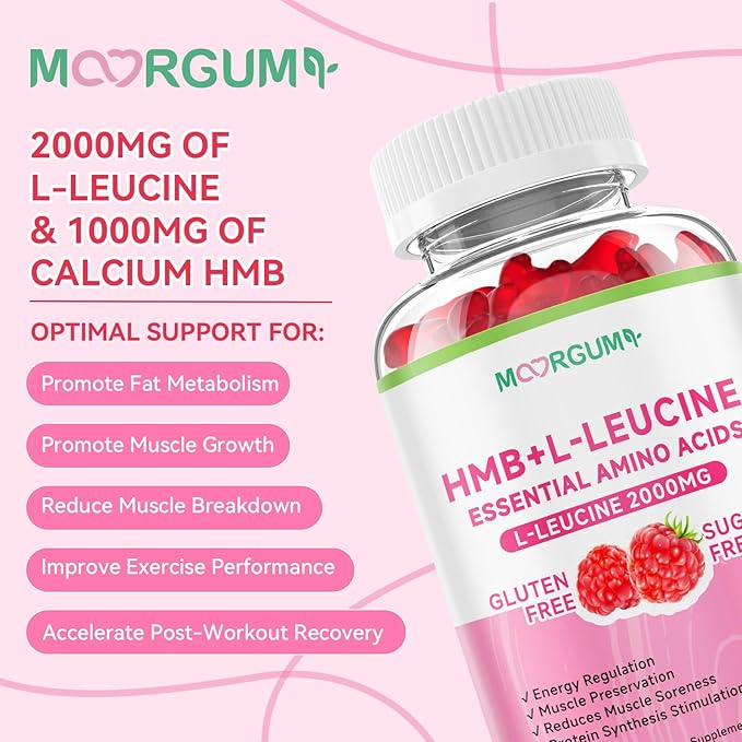 HMB & L-Leucine Gummies with Calcium, Amino Acid Supplement, L Leucine Supplements for Men & Women, Raspberry Flavor, 60 Count