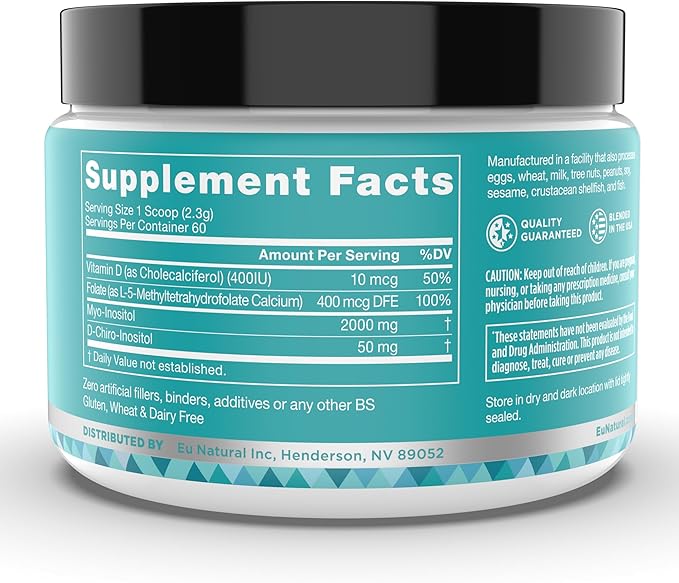 Eu Natural Regulate MAX Myo-Inositol & D-Chiro Inositol Supplement Powder for Women with Vitamin D & Folate Nutritional Support, Hormone Balance & Fertility Support, Unflavored 60 Servings