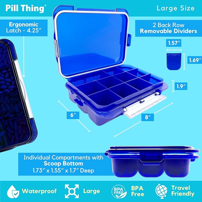 2-Pack Large Pill Organizer – Blue + Clear | 12-Compartment Weekly Pill Box Case with Removable Dividers, Waterproof, Travel-Friendly (Combo Pack - 1 Blue & 1 Clear)